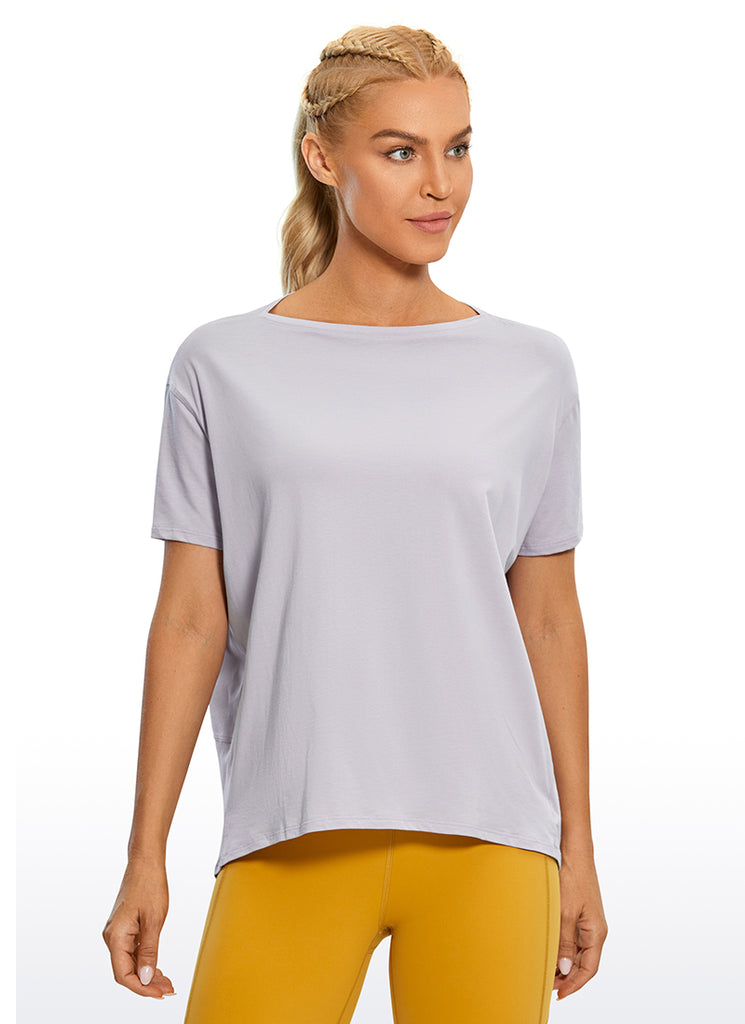 CRZ YOGA Women's Yoga Loose Fit Pima Cotton Short Sleeves Boat Neck Black