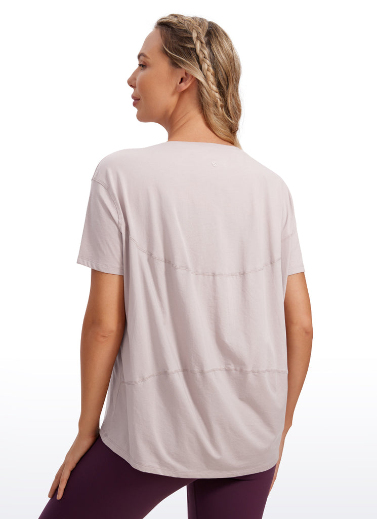 CRZ YOGA Women's Yoga Loose Fit Pima Cotton Short Sleeves Boat Neck Smoky Blush