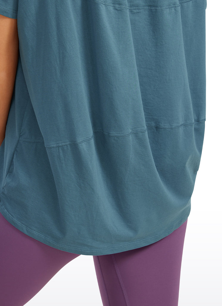 CRZ YOGA Women's Yoga Loose Fit Pima Cotton Short Sleeves Boat Neck Slate Blue