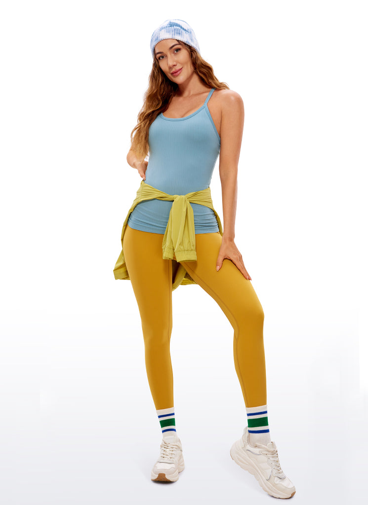 CRZ YOGA Women's Yoga Slim Fit Tops Seamless Built-in Bra Tank Y-back Pure Blue