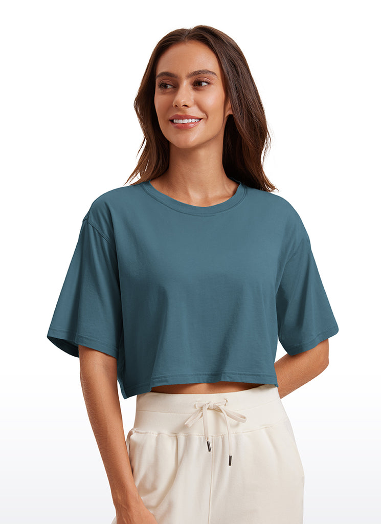 CRZ YOGA Women's Casual Loose Fit Pima Cotton Short Sleeves Cropped Slate Blue