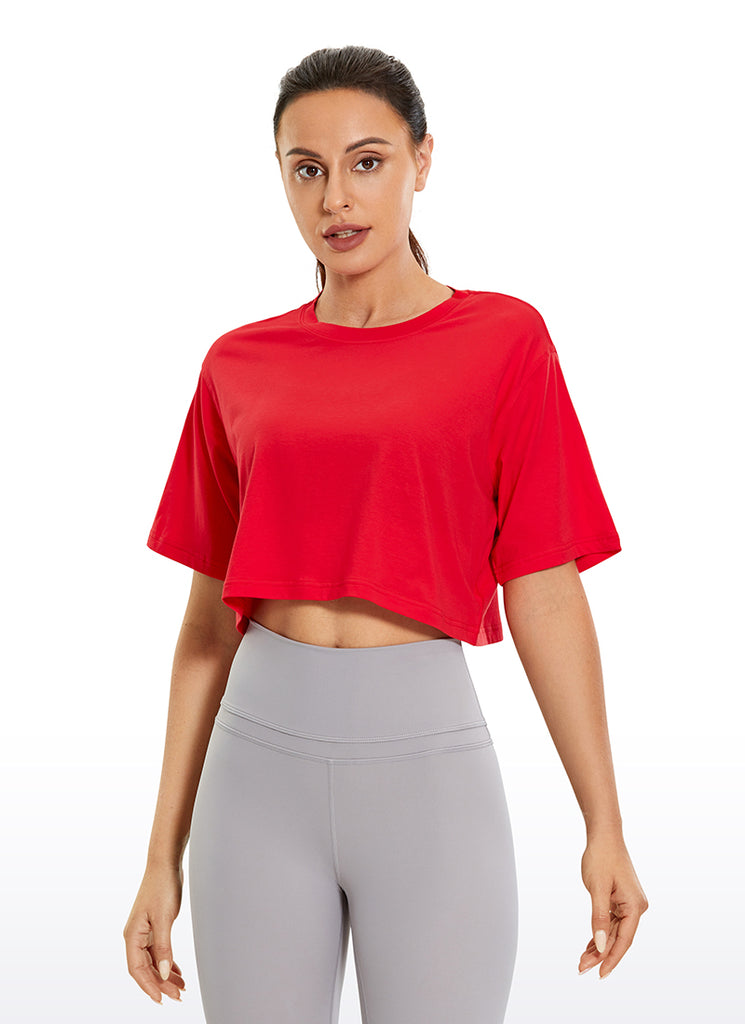CRZ YOGA Women's Casual Loose Fit Pima Cotton Short Sleeves Cropped Festival Red