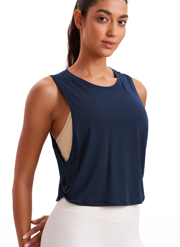 CRZ YOGA Women's Yoga Loose Fit Top Pima Cotton Crop Tank Deep Armhole Navy