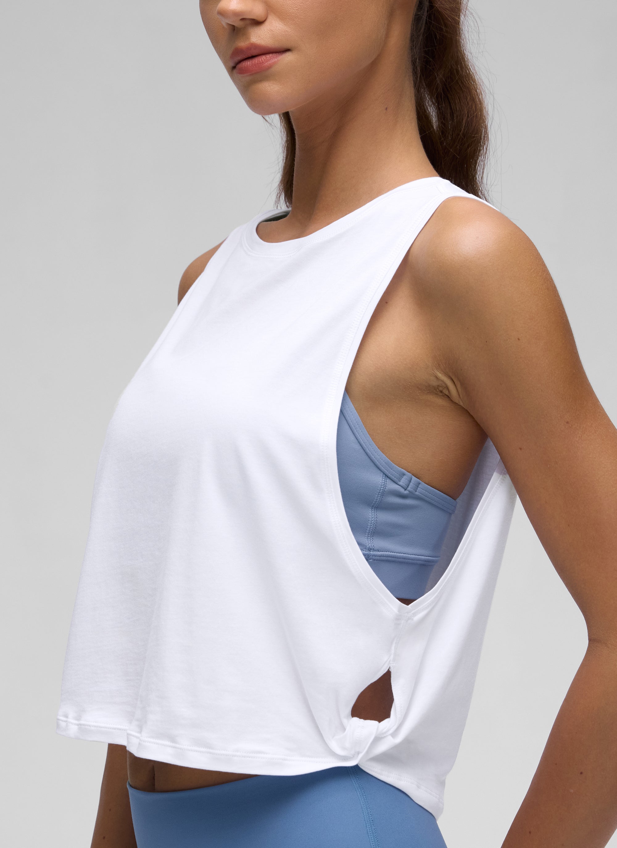 CRZ YOGA Women's Yoga Loose Fit Top Pima Cotton Crop Tank Deep Armhole Ice Grey White