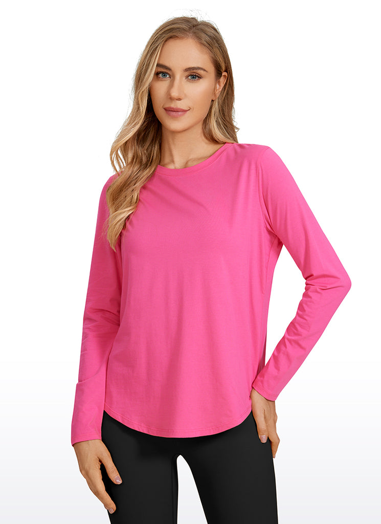 CRZ YOGA Women's Yoga Classic Fit Tops Pima Cotton Workout Long Sleeve Sonic Pink