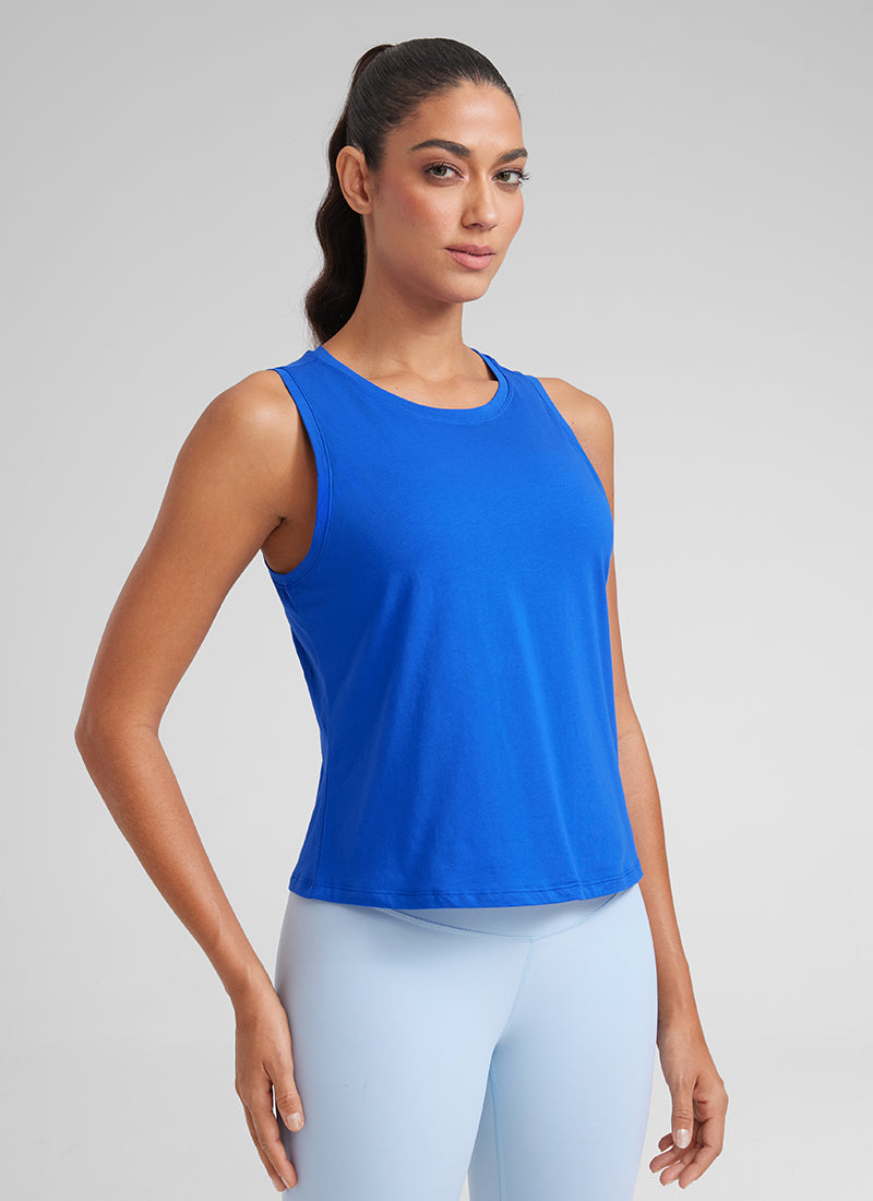 CRZ YOGA Women's Yoga Loose Fit Tops Pima Cotton Crop Tank Round Neck Strong Blue