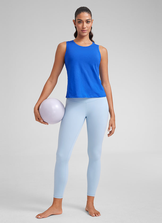 CRZ YOGA Women's Yoga Loose Fit Tops Pima Cotton Crop Tank Round Neck Strong Blue