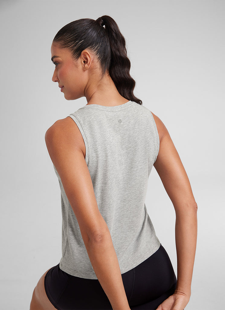 CRZ YOGA Women's Yoga Loose Fit Tops Pima Cotton Crop Tank Round Neck Heathered Medium Grey