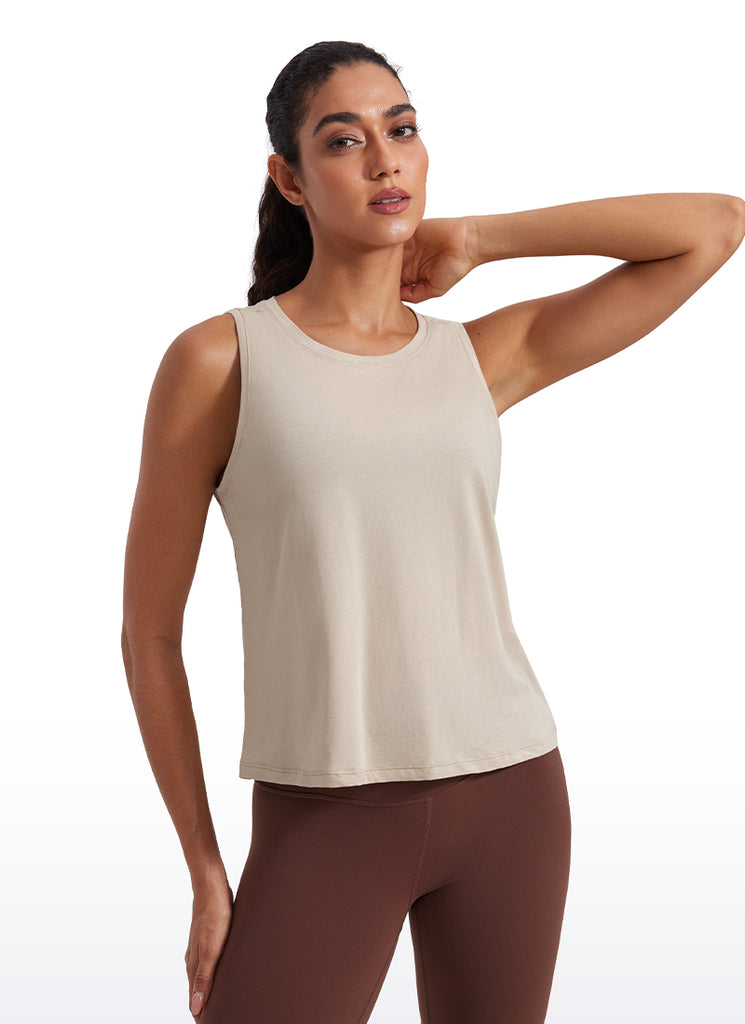 CRZ YOGA Women's Yoga Loose Fit Tops Pima Cotton Crop Tank Round Neck Heathered Medium Grey