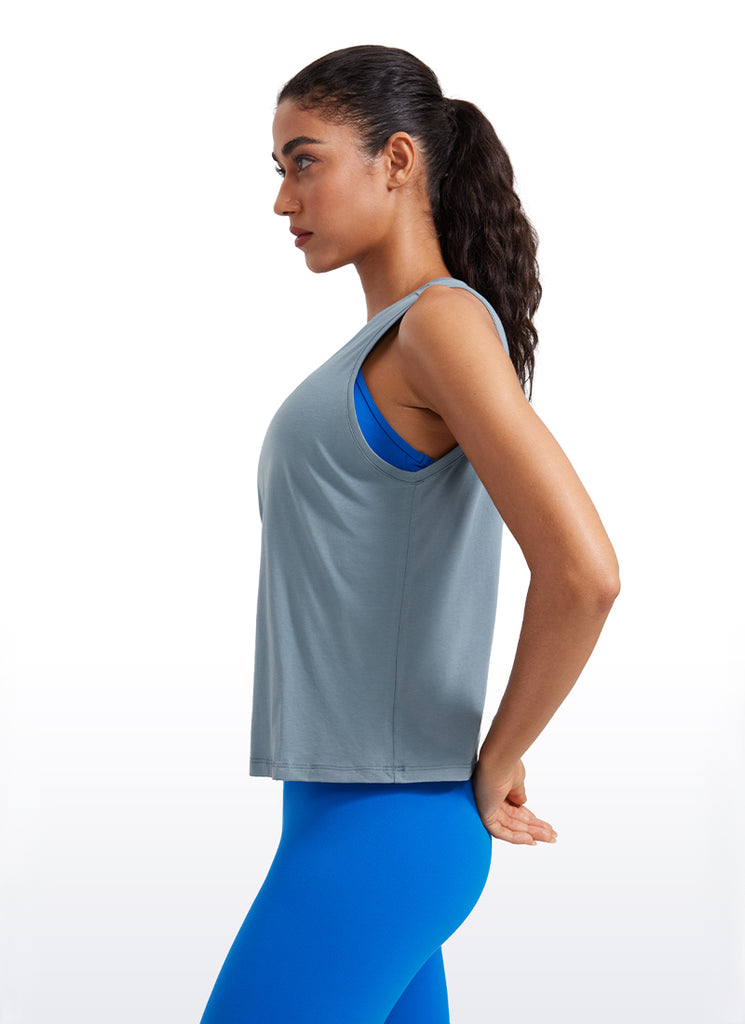 CRZ YOGA Women's Yoga Loose Fit Tops Pima Cotton Crop Tank Round Neck Strong Blue