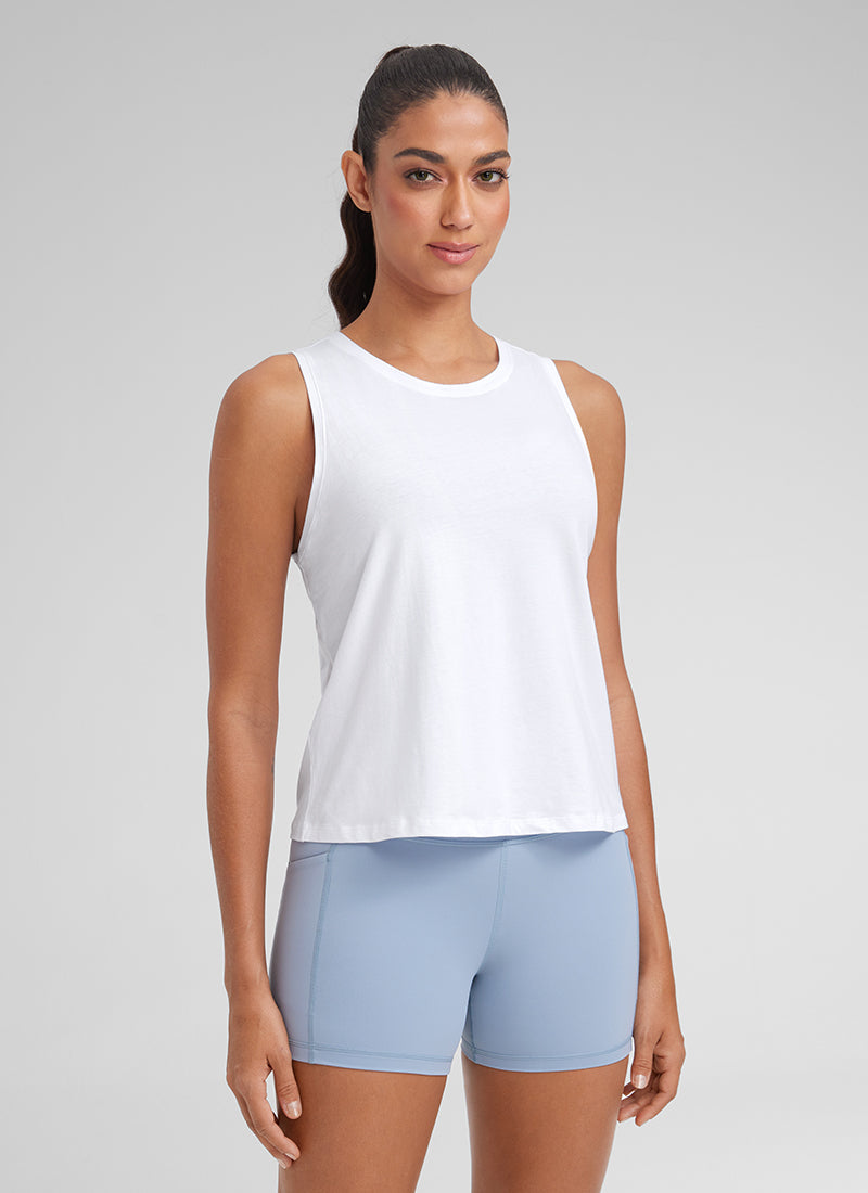 CRZ YOGA Women's Yoga Loose Fit Tops Pima Cotton Crop Tank Round Neck White