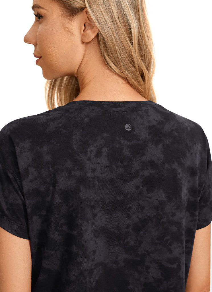 CRZ YOGA Women's Yoga Relaxed Fit Shirt Pima Cotton Crop Short Sleeves Strong Blue