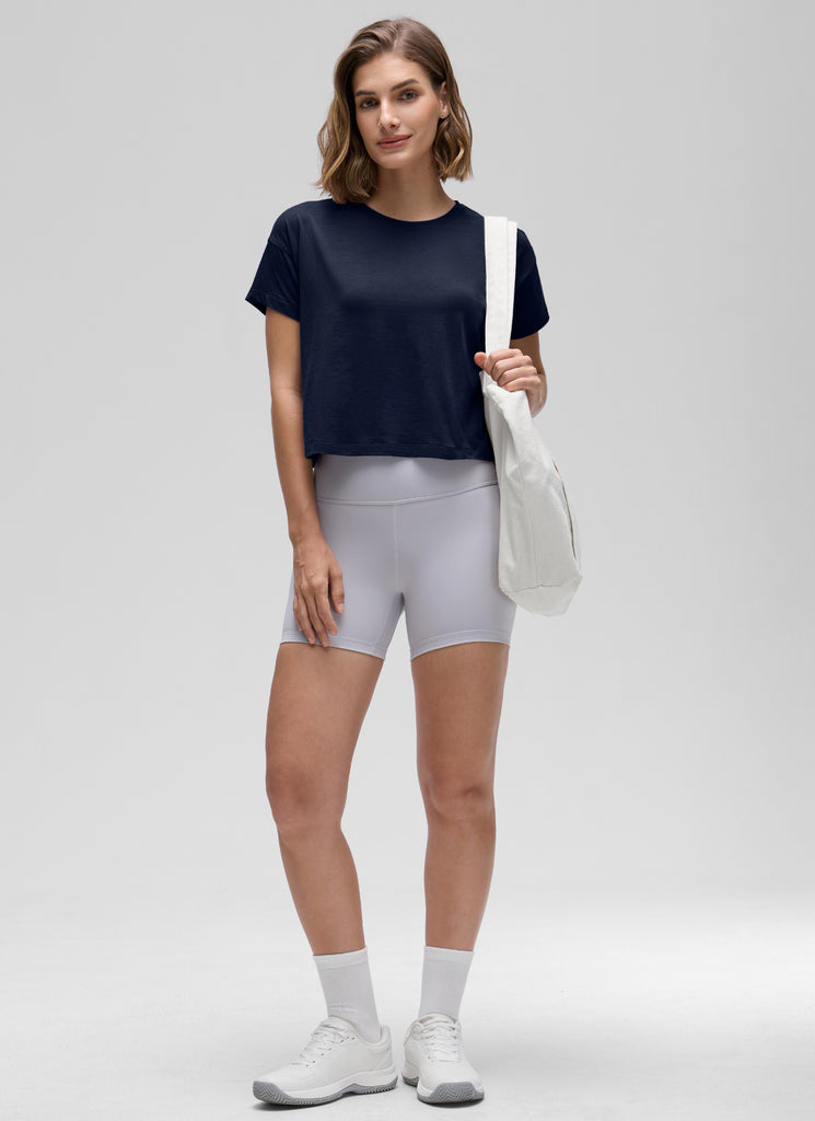 CRZ YOGA Women's Yoga Relaxed Fit Shirt Pima Cotton Crop Short Sleeves Tie Dye Smoke Ink