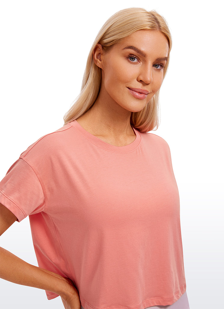 CRZ YOGA Women's Yoga Relaxed Fit Shirt Pima Cotton Crop Short Sleeves Peach Pink