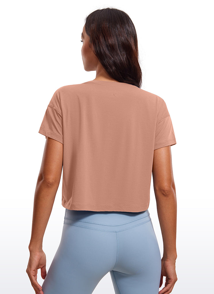 CRZ YOGA Women's Yoga Relaxed Fit Shirt Pima Cotton Crop Short Sleeves White Apricot