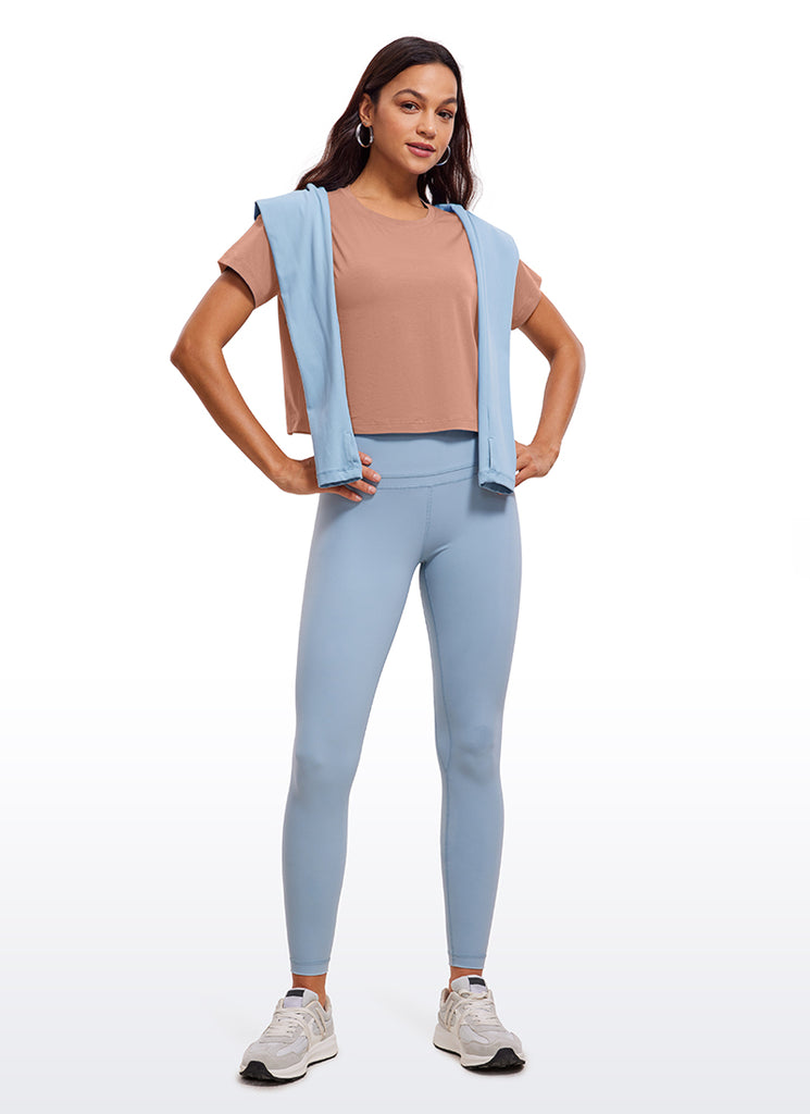 CRZ YOGA Women's Yoga Relaxed Fit Shirt Pima Cotton Crop Short Sleeves Mocha Mousse