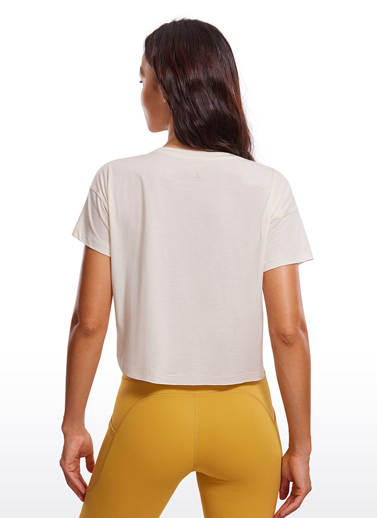 CRZ YOGA Women's Yoga Relaxed Fit Shirt Pima Cotton Crop Short Sleeves White Apricot