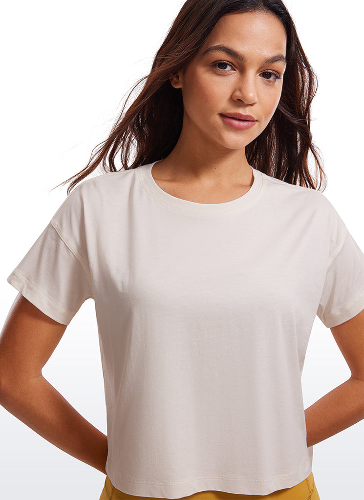 CRZ YOGA Women's Yoga Relaxed Fit Shirt Pima Cotton Crop Short Sleeves White Apricot