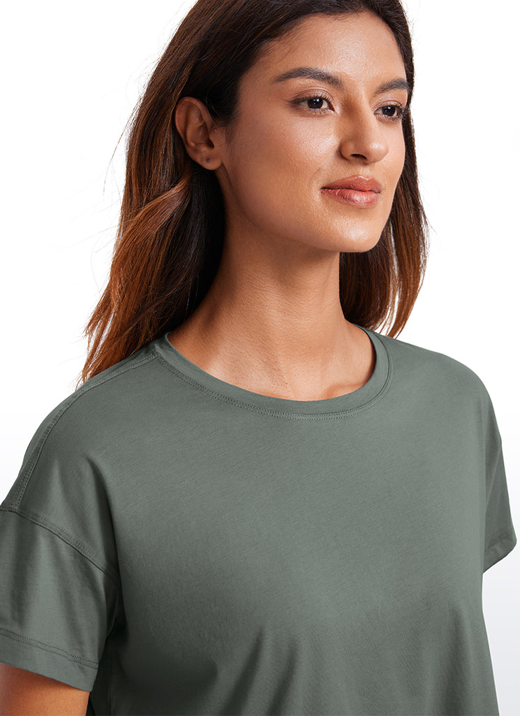 CRZ YOGA Women's Yoga Relaxed Fit Shirt Pima Cotton Crop Short Sleeves Grey Sage