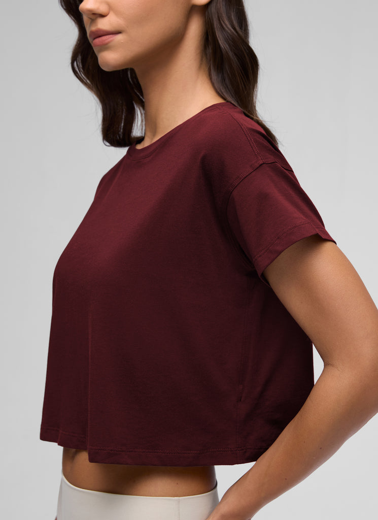 CRZ YOGA Women's Yoga Relaxed Fit Shirt Pima Cotton Crop Short Sleeves Red Merlot