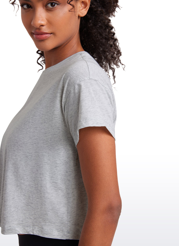 CRZ YOGA Women's Yoga Relaxed Fit Shirt Pima Cotton Crop Short Sleeves Black Tie Dye Flowers