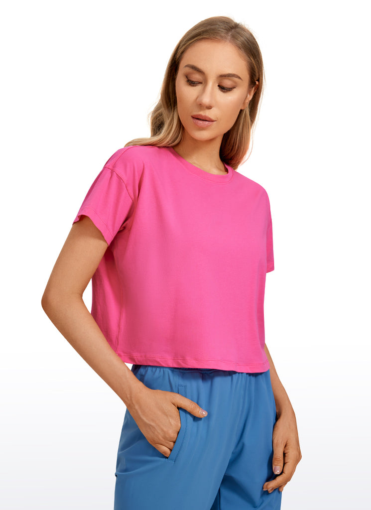 CRZ YOGA Women's Yoga Relaxed Fit Shirt Pima Cotton Crop Short Sleeves Sonic Pink