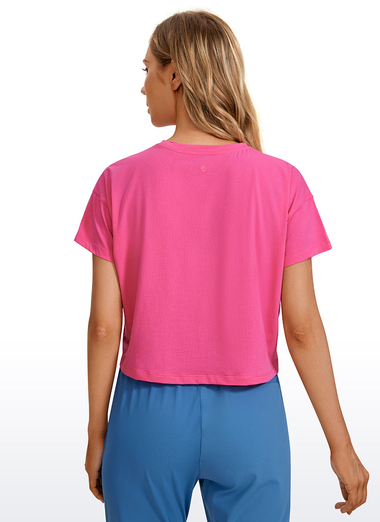 CRZ YOGA Women's Yoga Relaxed Fit Shirt Pima Cotton Crop Short Sleeves Sonic Pink