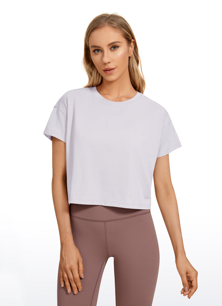 CRZ YOGA Women's Yoga Relaxed Fit Shirt Pima Cotton Crop Short Sleeves Mocha Mousse