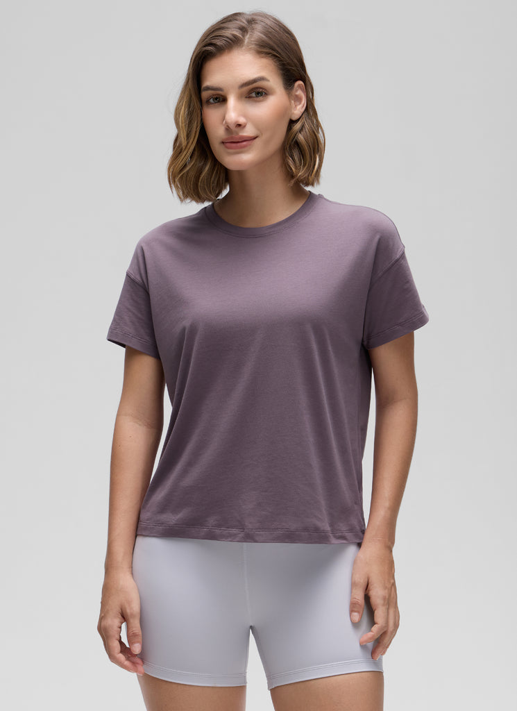 CRZ YOGA Women's Yoga Loose Fit Shirt Pima Cotton Short Sleeves Heathered Medium Grey