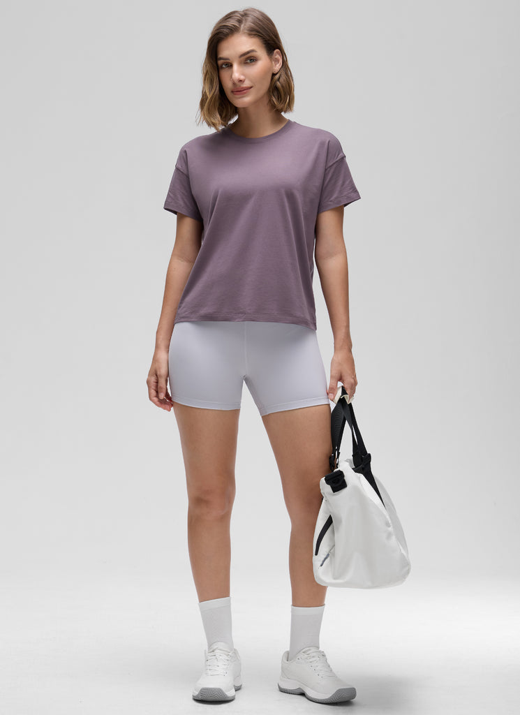 CRZ YOGA Women's Yoga Loose Fit Shirt Pima Cotton Short Sleeves Heathered Medium Grey