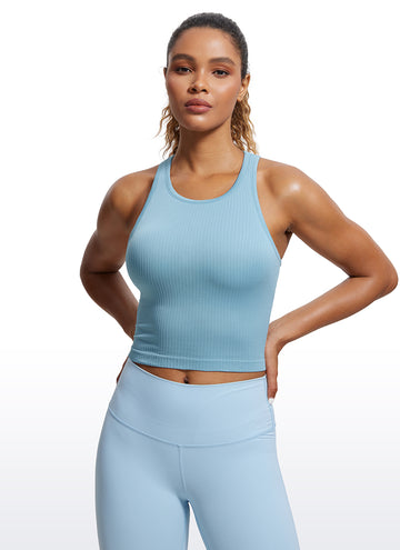 CRZ YOGA Women's Yoga Slim Fit Tops Seamless Longline Tank High Neck Pure Blue