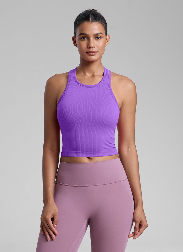 CRZ YOGA Women's Yoga Slim Fit Tops Seamless Longline Tank High Neck Magenta Purple