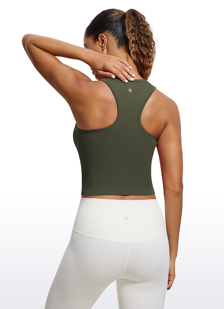 CRZ YOGA Women's Yoga Slim Fit Tops Seamless Longline Tank High Neck Olive Green