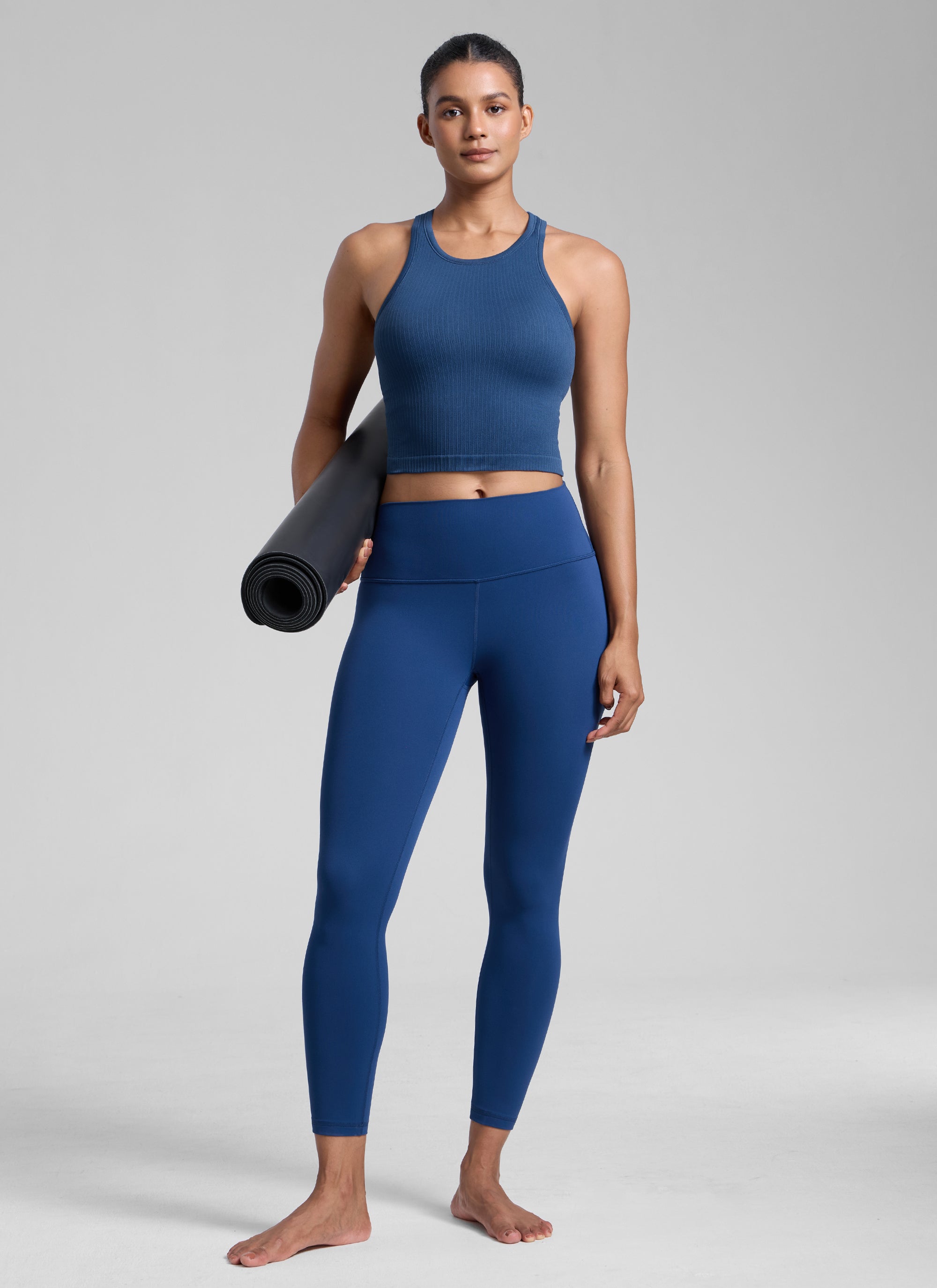 CRZ YOGA Women's Yoga Slim Fit Tops Seamless Longline Tank High Neck French Navy