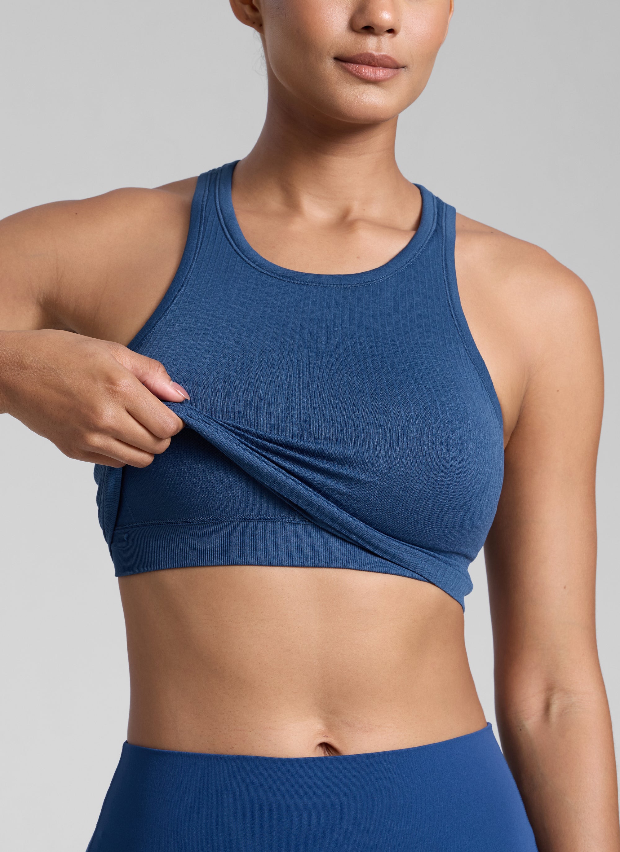 CRZ YOGA Women's Yoga Slim Fit Tops Seamless Longline Tank High Neck French Navy