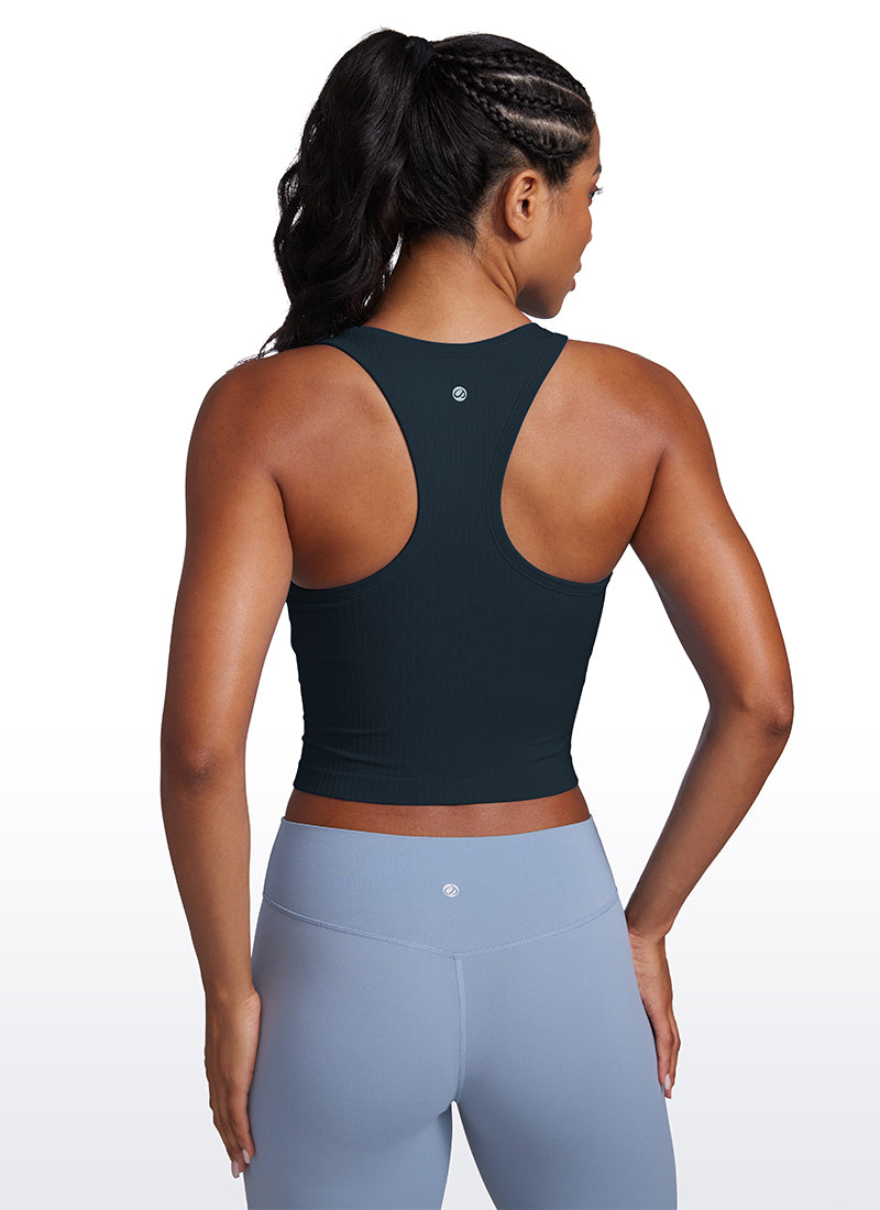 CRZ YOGA Women's Yoga Slim Fit Tops Seamless Longline Tank High Neck Sparkle Blue