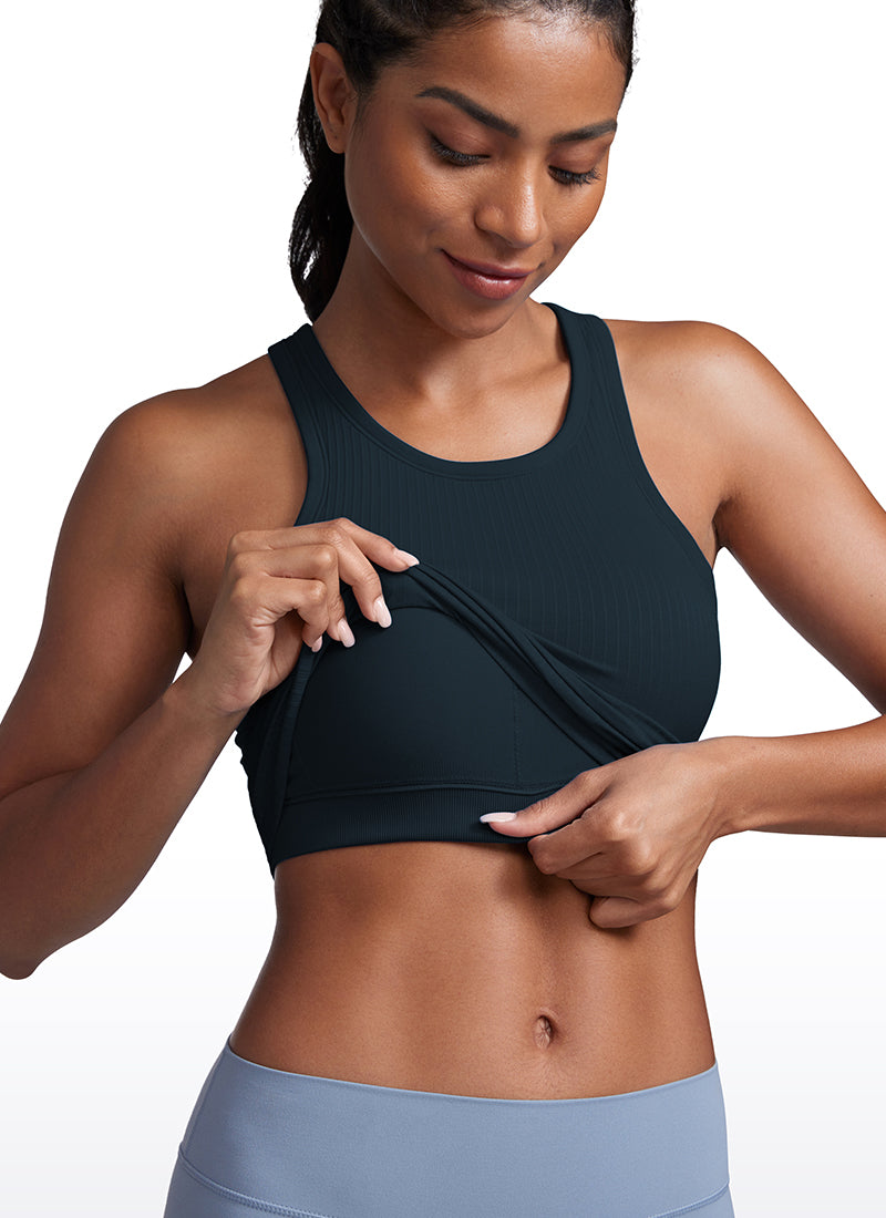 CRZ YOGA Women's Yoga Slim Fit Tops Seamless Longline Tank High Neck Sparkle Blue