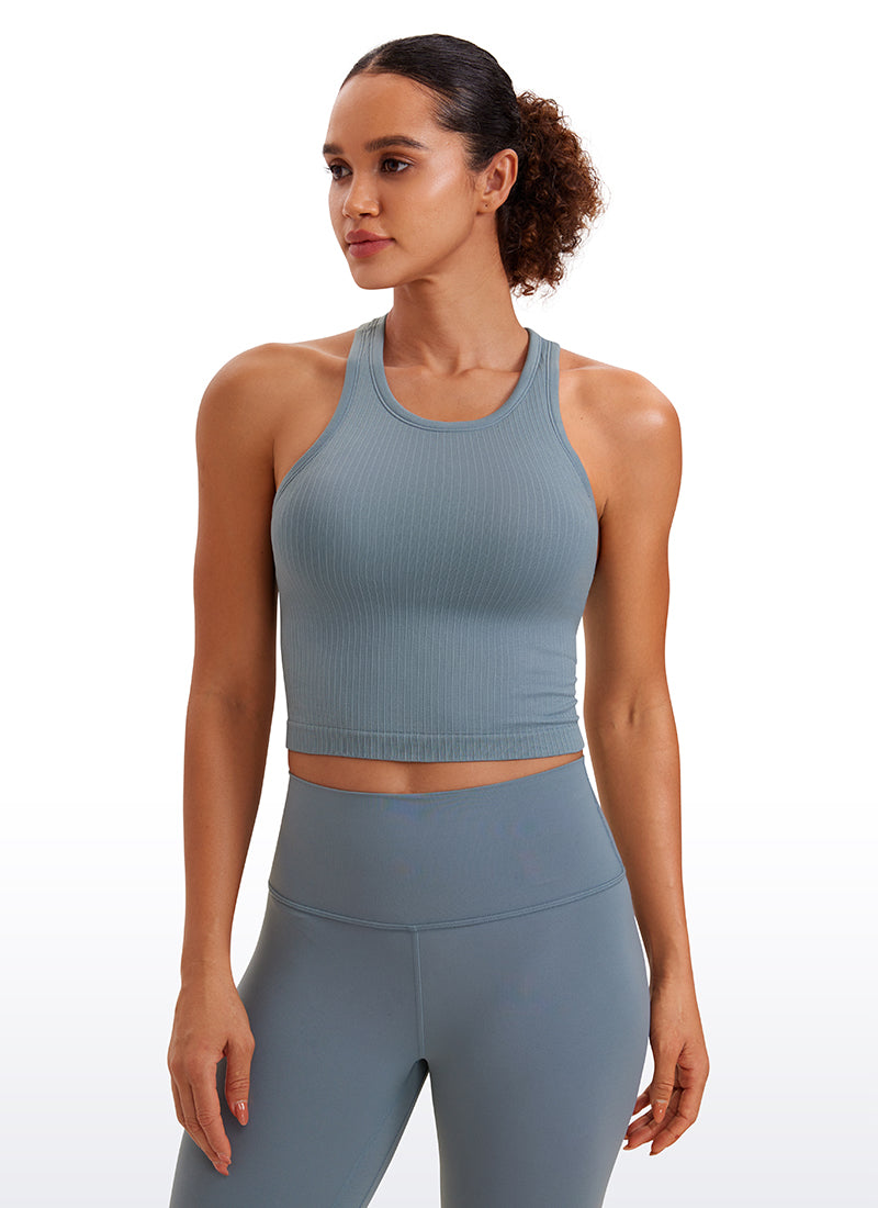 CRZ YOGA Women's Yoga Slim Fit Tops Seamless Longline Tank High Neck French Navy