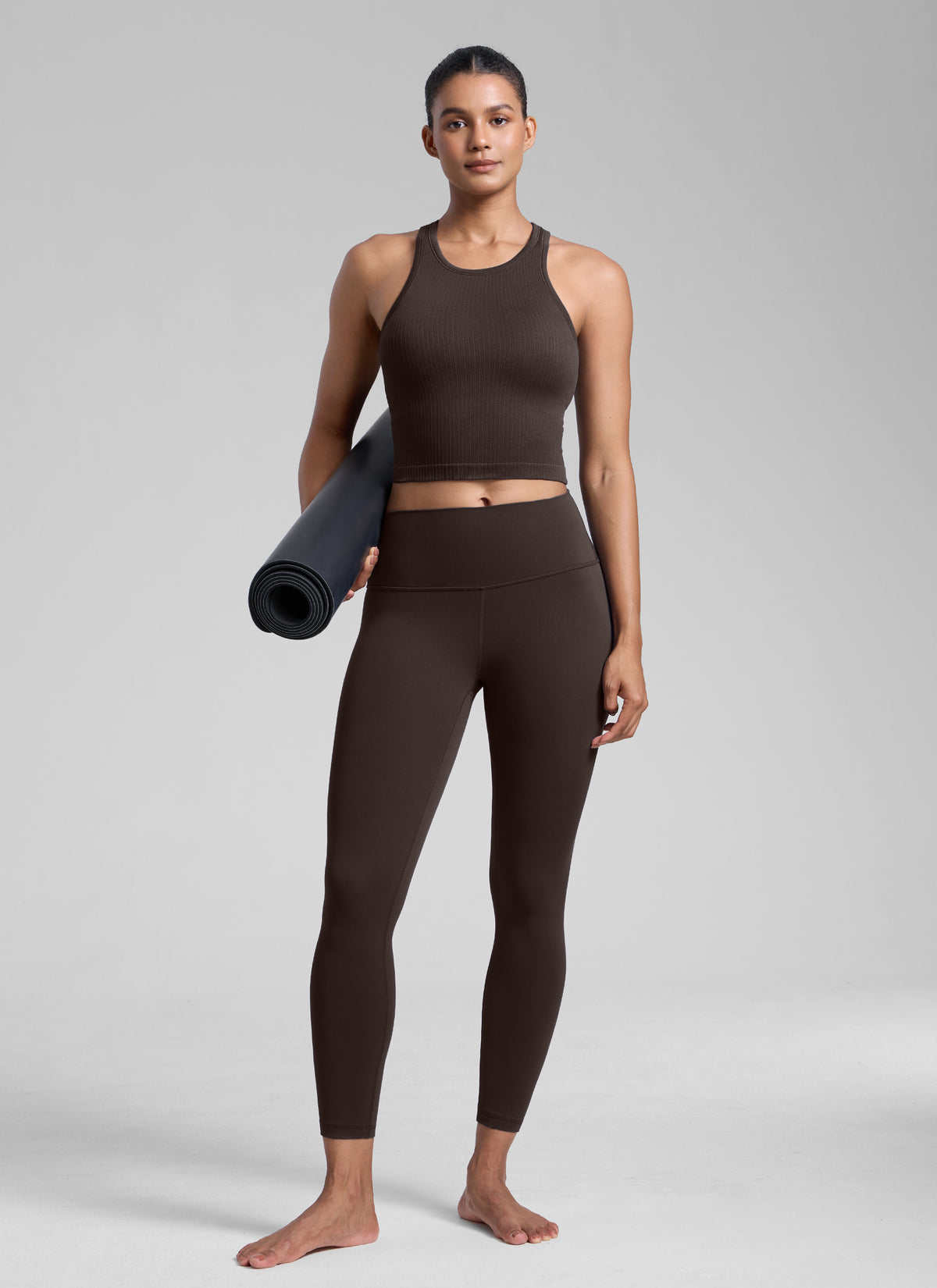 CRZ YOGA Women's Yoga Slim Fit Tops Seamless Longline Tank High Neck Hot Fudge Brown @model_info:Barbara