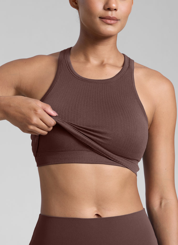 CRZ YOGA Women's Yoga Slim Fit Tops Seamless Longline Tank High Neck Taupe