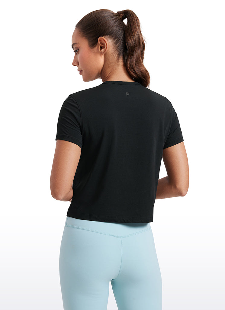 CRZ YOGA Women's Yoga Classic Fit Pima Cotton Short Sleeves High Neck Black