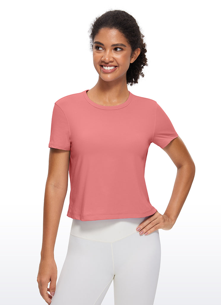 CRZ YOGA Women's Yoga Classic Fit Pima Cotton Short Sleeves High Neck Briar Rose