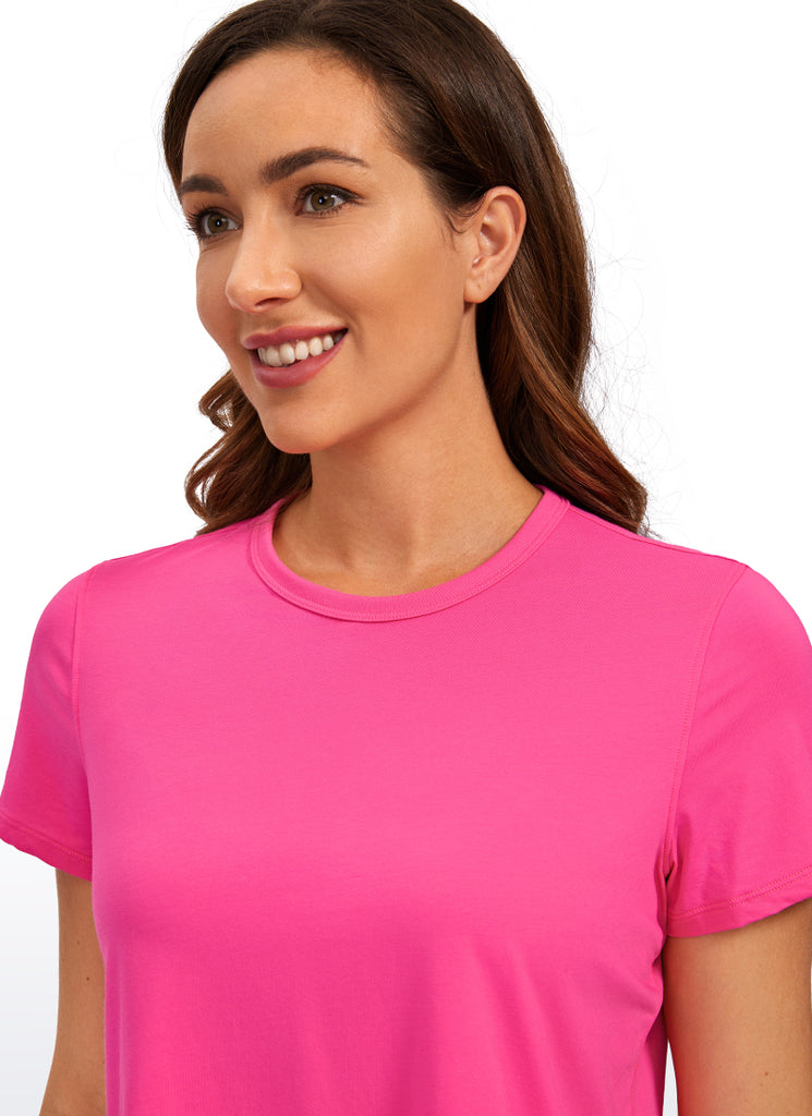 CRZ YOGA Women's Yoga Classic Fit Pima Cotton Short Sleeves High Neck Strong Blue