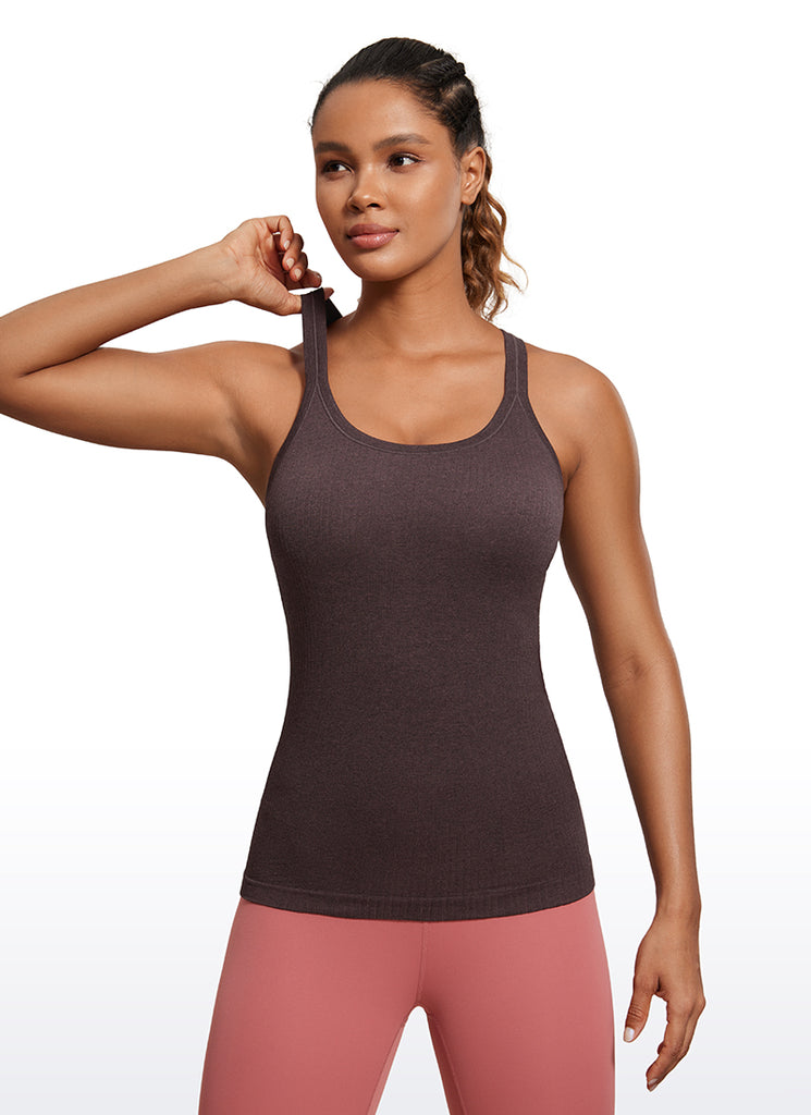CRZ YOGA Women's Yoga Slim Fit Tops Seamless Longline Tank Crew Neck Taupe
