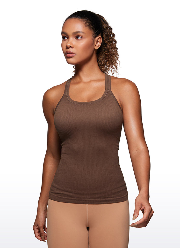 CRZ YOGA Women's Yoga Slim Fit Tops Seamless Longline Tank Crew Neck Coffee Brown