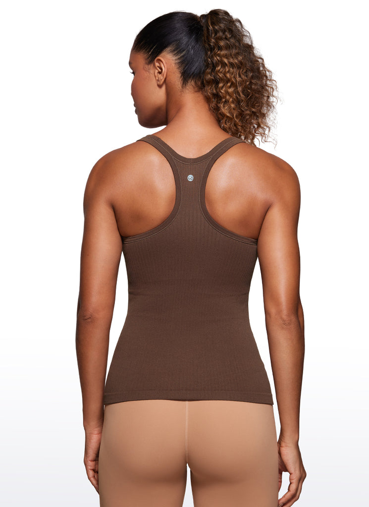 CRZ YOGA Women's Yoga Slim Fit Tops Seamless Longline Tank Crew Neck Coffee Brown
