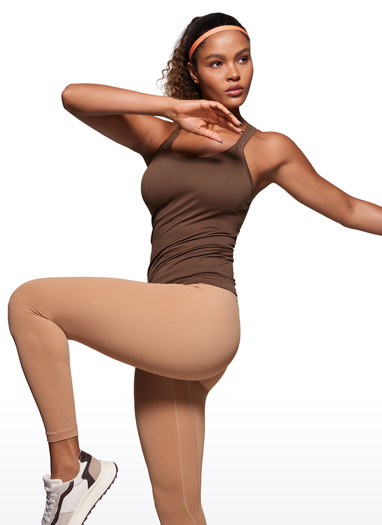 CRZ YOGA Women's Yoga Slim Fit Tops Seamless Longline Tank Crew Neck Coffee Brown