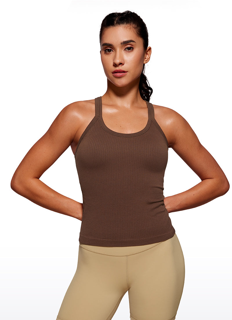 Seamless Ribbed Waist Length Racerback Built in Bra Tanks