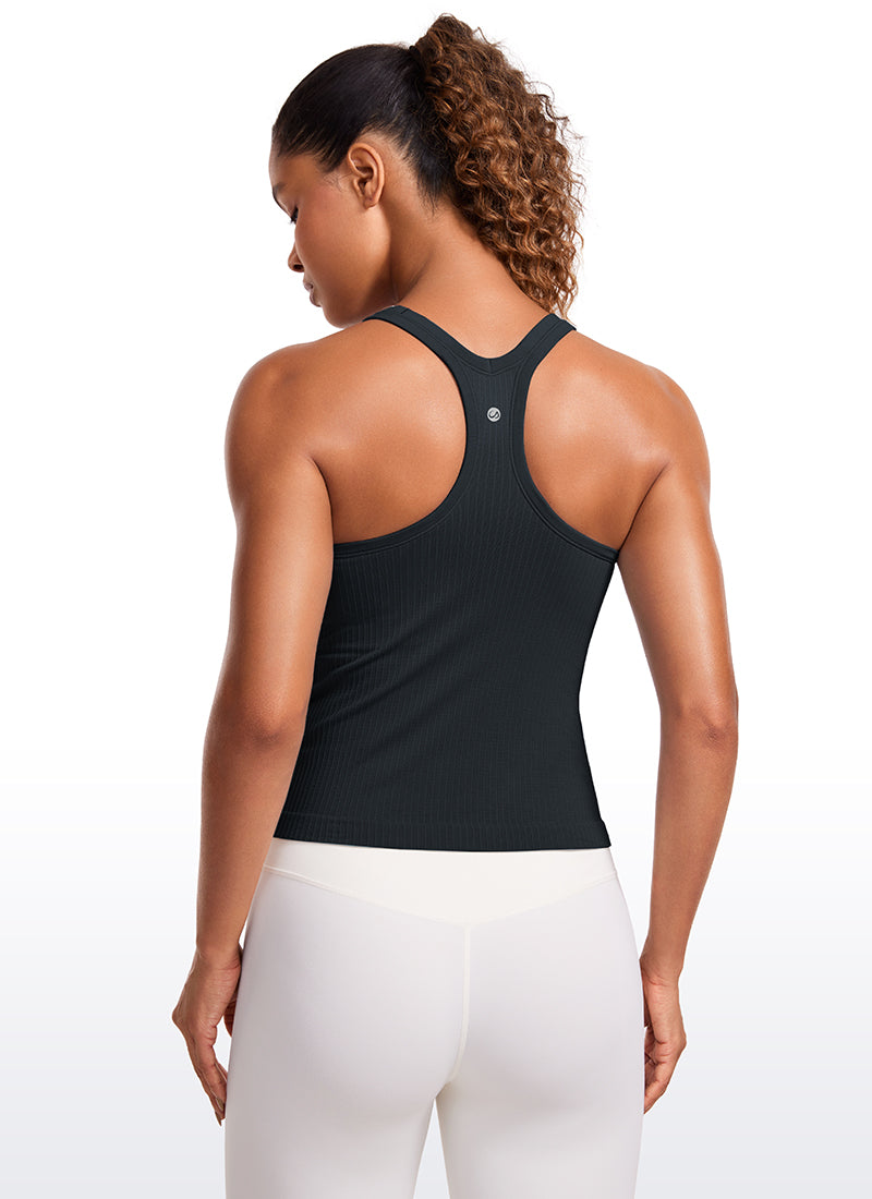 Seamless Ribbed Waist Length Racerback Built in Bra Tanks