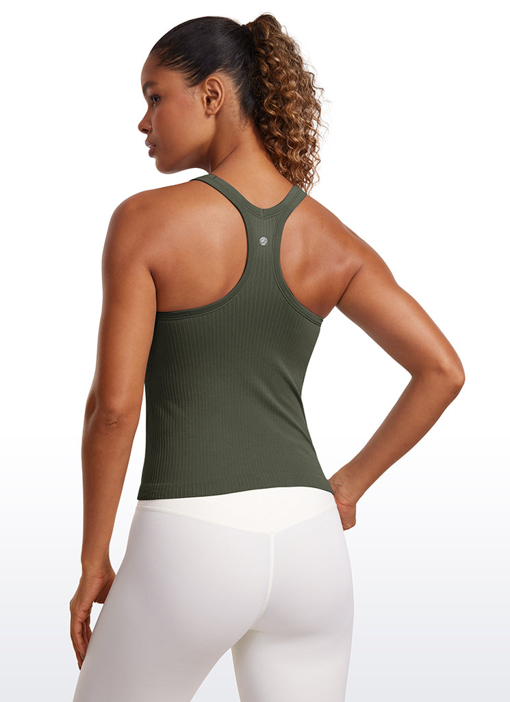 CRZ YOGA Women's Yoga Slim Fit Seamless Tank Crew Neck Waist Length Olive Green